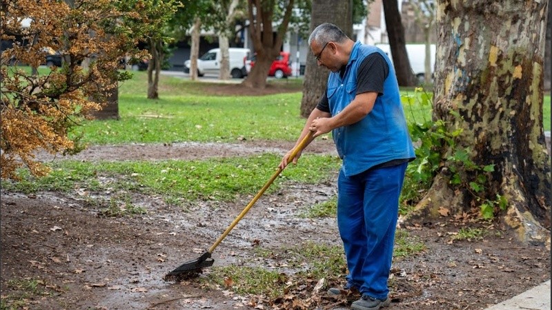 Un jardinero hace tareas de mantenimiento del suelo en la plaza. 
