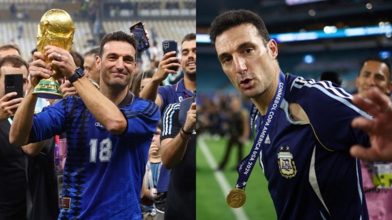 Scaloni con las camisetas retro que usó en Qatar y Miami.